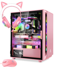 Segotep Gaming Case with Headset Gaming Mouse Combo Pink ATX Micro-ATX, MINI-ITX Mid Case USB3.0 Port, 1.0mm SPCC Steel Plate, Support Liquid Cooling Tempered Glass Side
