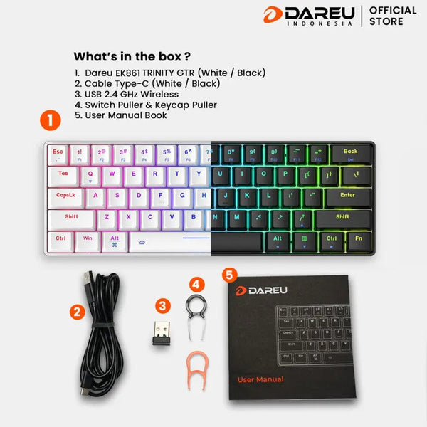 DAREU EK861 DUAL-MODE BLUETOOTH WIRELESS WIRED 61-KEY MINI PORTABLE MECHANICAL GAMING KEYBOARD - White - Uniway Computer Alberta